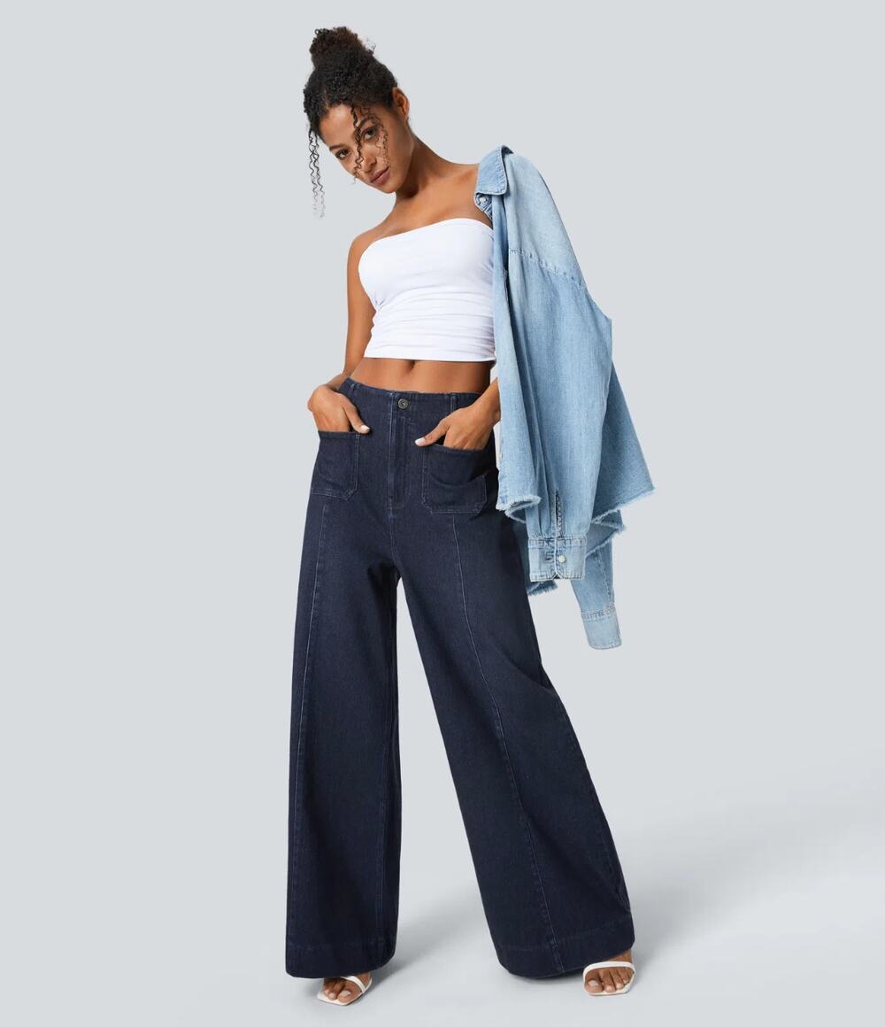HALARA Flex High Waist Seamed Wide Leg Jeans Deep Blue Water Sz L Reg {A21}